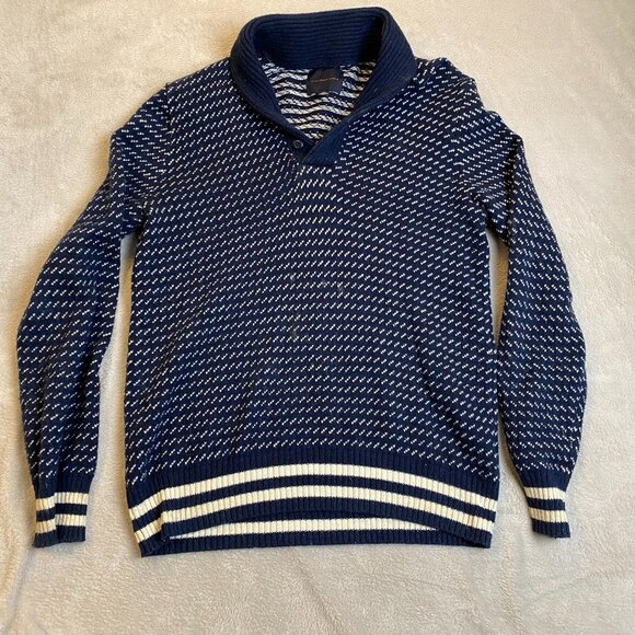 American Eagle Men's Birds Eye Sweater Large Navy & White Patterned Shawl Collar - Picture 7 of 7